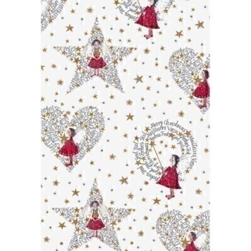 Beautiful Merry Christmas wrapping paper decorated with angels standing inside hearts and stars. Approx size 2m